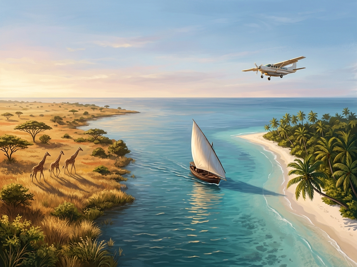 Digital painting of a small plane descending toward a Zanzibar beach, with giraffes on the Tanzania savanna and a dhow sailing between them